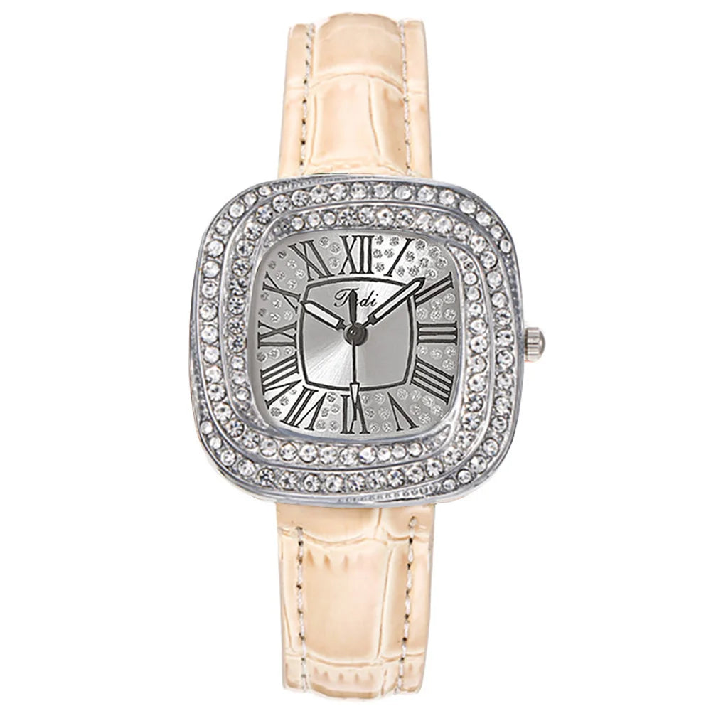 Fashion 2025 New Simple Square Ladies Full Star Diamonds Quartz Watch Casual Green Leather Dress Women's Clock Wristwatch