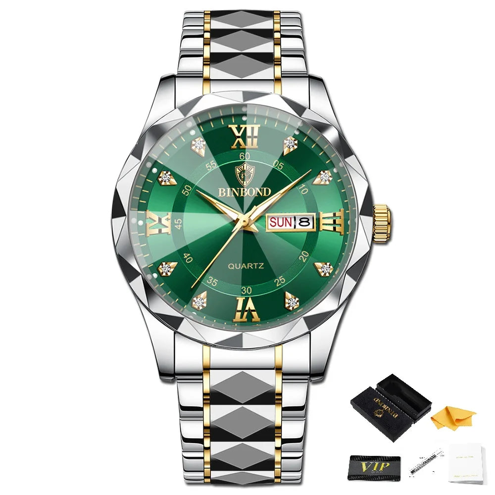 BINBOND Men Waterproof Week Date Clock Stainless Steel Sport Watch Top Brand Luxury Fashion Quartz Watch Men Quartz Wristwatch
