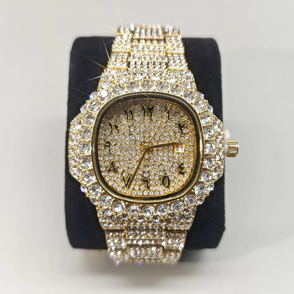 Luxury Brand Men Quartz Watch Fashion Square Hip Hop Diamond Out Sparkling Jewelry Waterproof Stainless Steel Wristwatch Man New