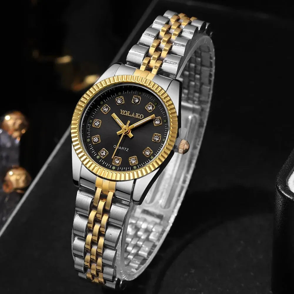 Women's Fashion Round Room Gold Steel Band Quartz Wristwatch