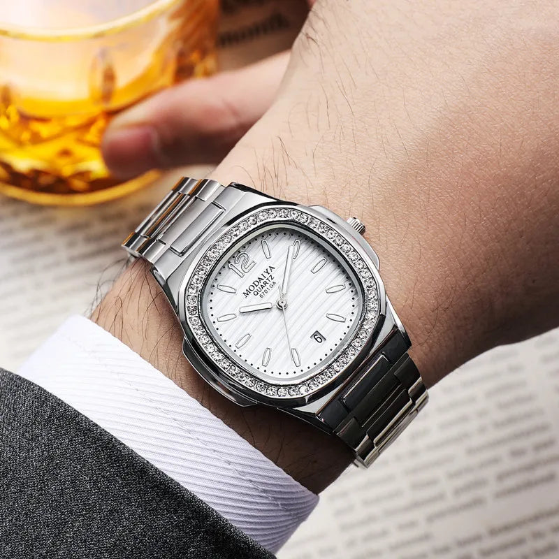 Casual Men Watches Big Dial Silver Stainless Steel Calendar Quartz Wristwatch Classic Top Brand Male Clock