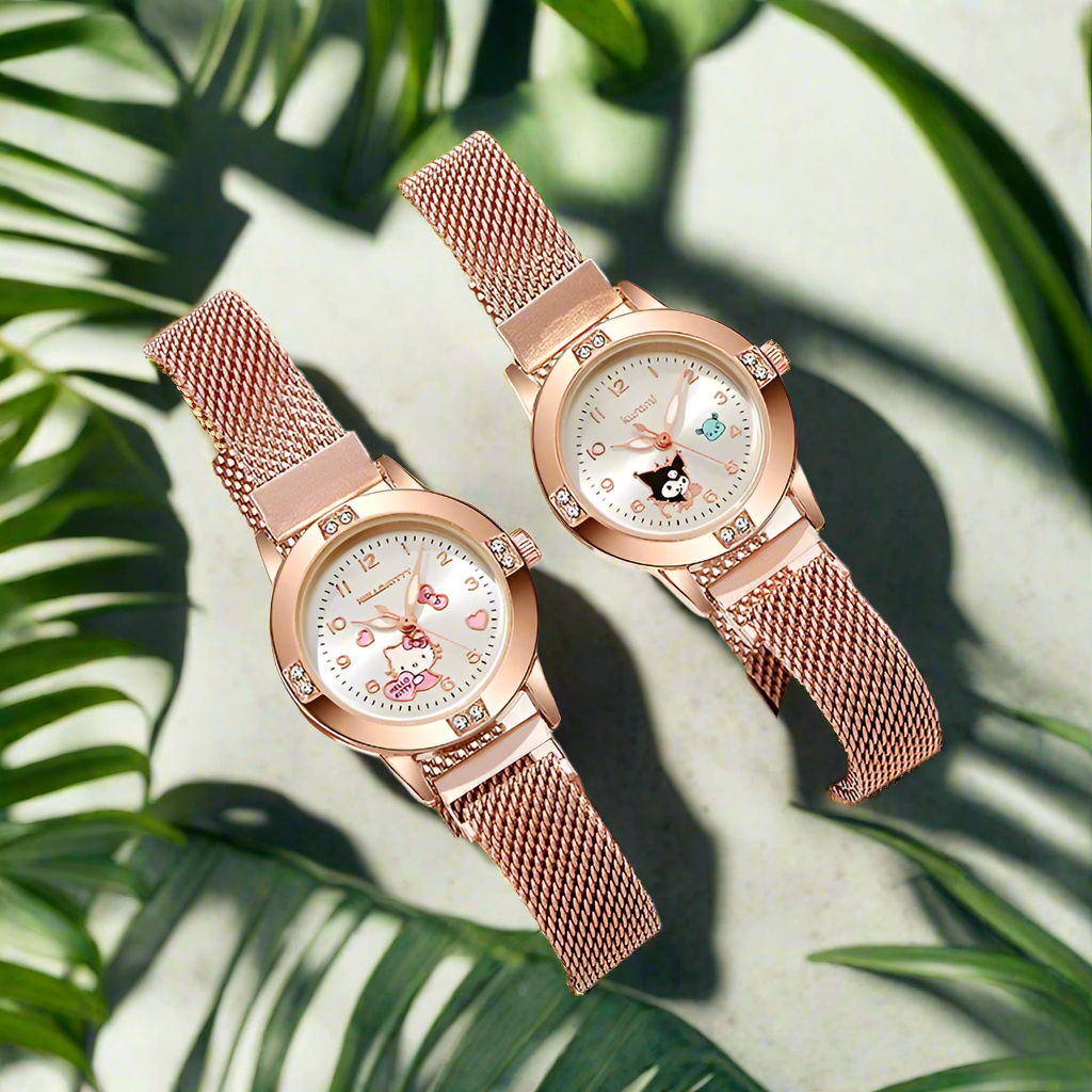 Diamond Ladies Watches Cat Bow Kawaii Pink Ladies Gold Sliver Metal Jewelry Cartoon Magnetic Watch Girls