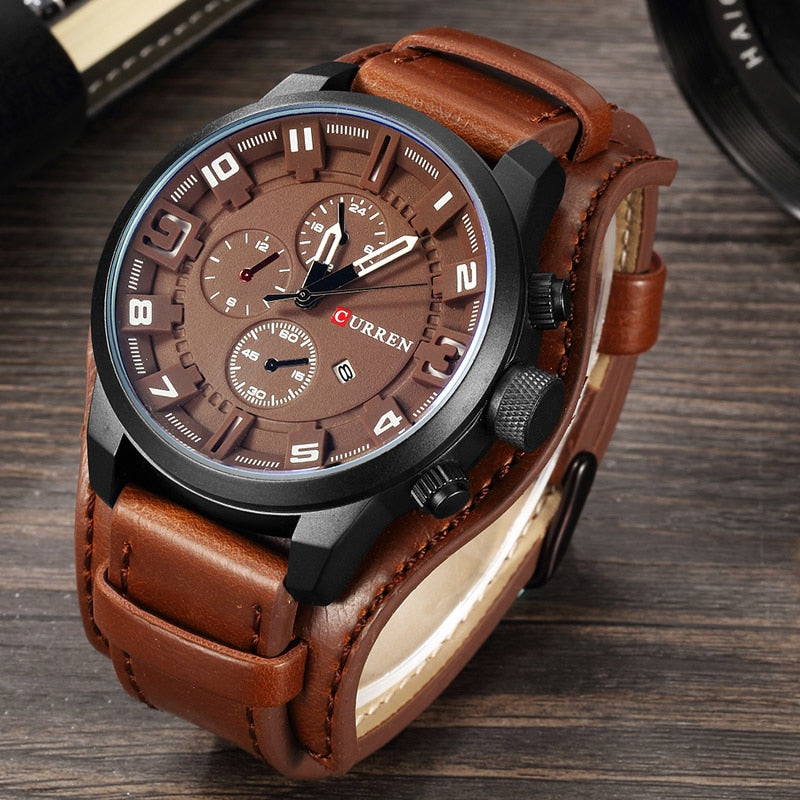 Mens Watches Military Sports Men Watch Quartz Date Clock Casual Leather Wrist Watch Relog