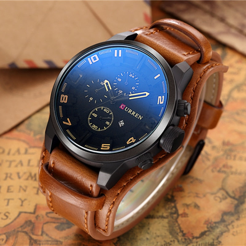Mens Watches Military Sports Men Watch Quartz Date Clock Casual Leather Wrist Watch Relog
