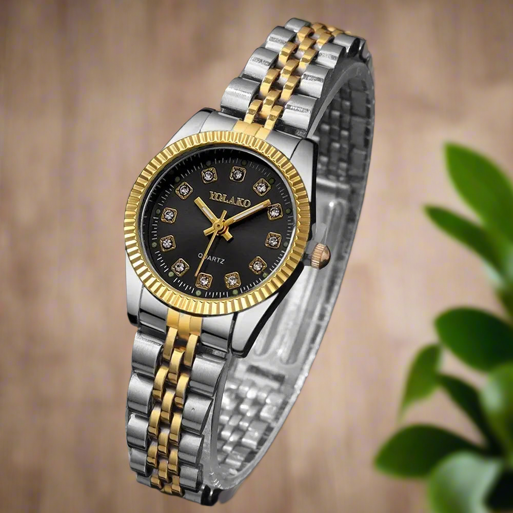 Women's Fashion Round Room Gold Steel Band Quartz Wristwatch