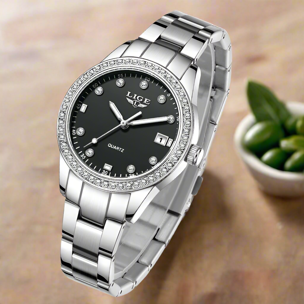 LIGE Simple Fashion Quartz Woman Watch Luxury Elegant Diamond Classic Waterproof Stainless Steel Auto Date Ladies Gift Clock+Box