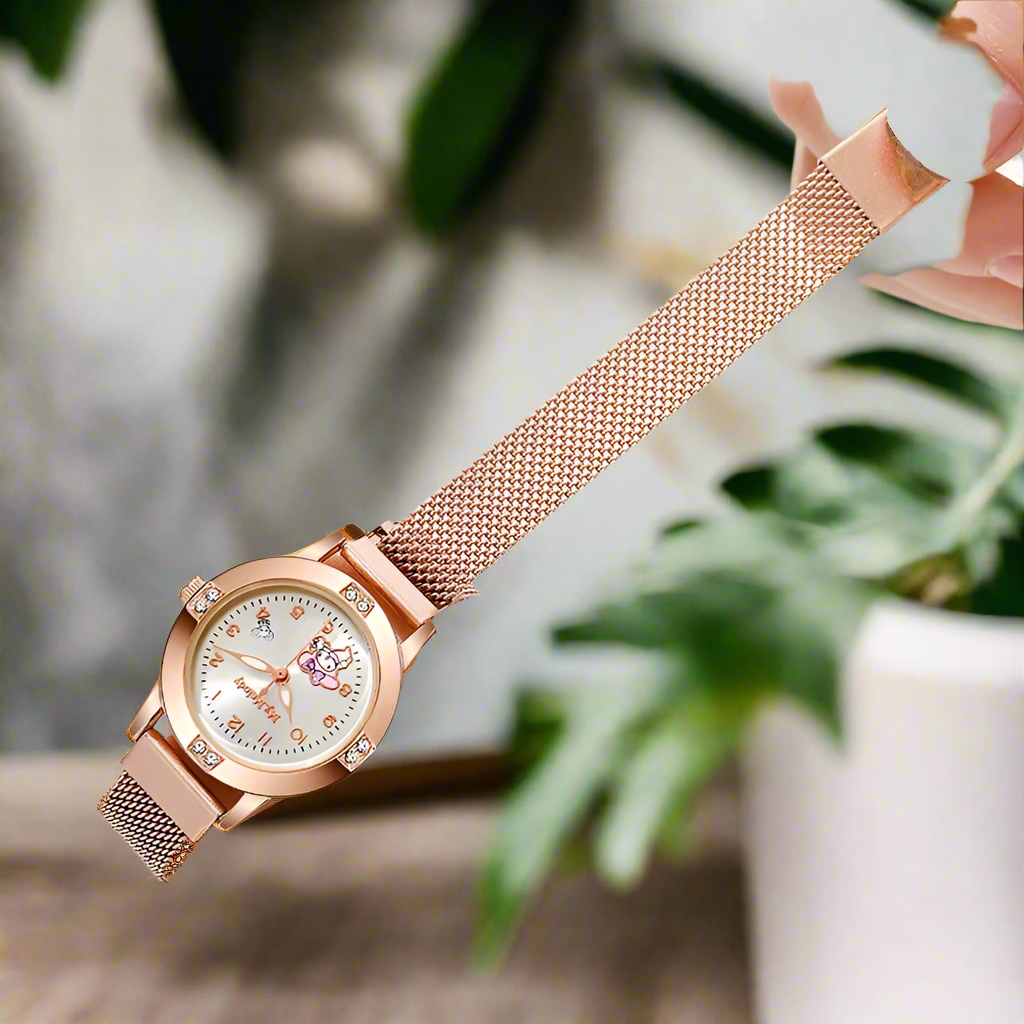 Diamond Ladies Watches Cat Bow Kawaii Pink Ladies Gold Sliver Metal Jewelry Cartoon Magnetic Watch Girls