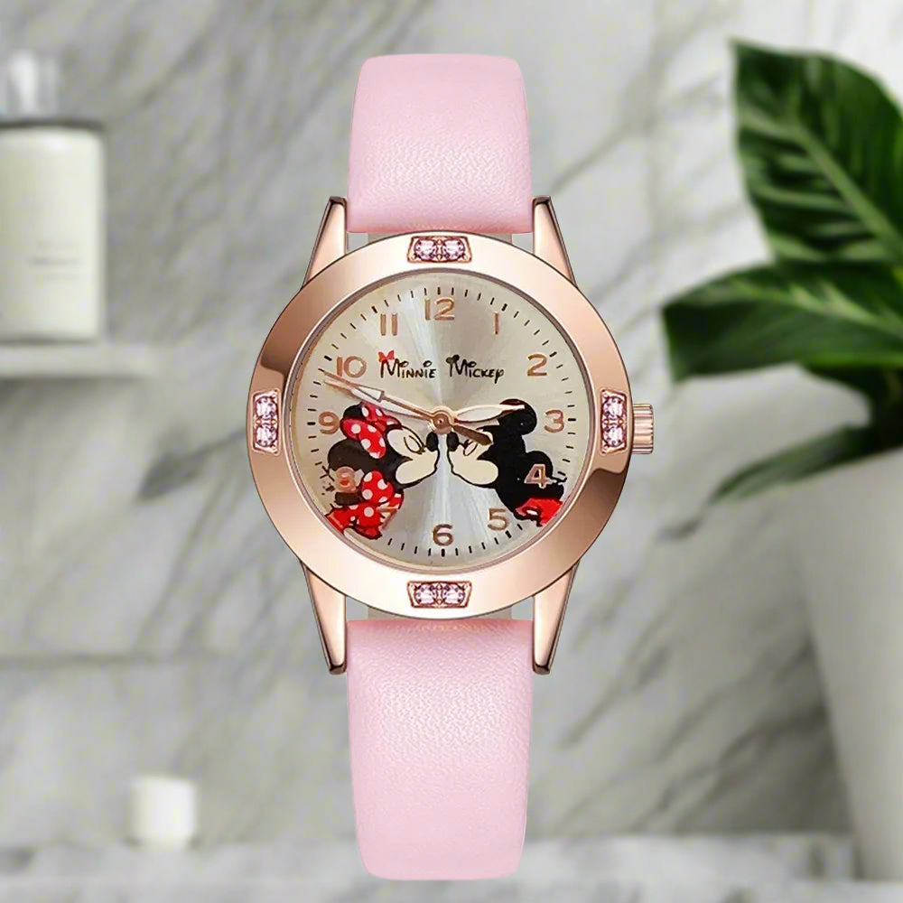 Disney Mickey Mouse Cute Fashion Cartoon Children's Watch Leather Strap Suitable for Boys and Girls Quartz Watch Festival Gift