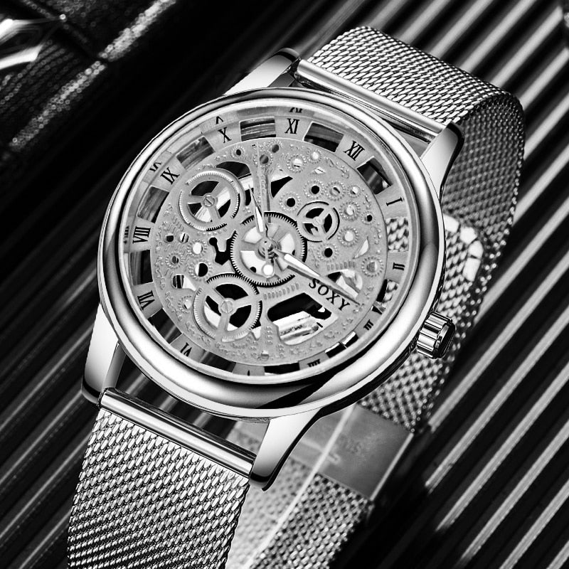 Luxury Skeleton Men Watch Women Wrist Watches Fashion Montre Homme Gold Wrist Watch Men Steel Mesh Men's Watch