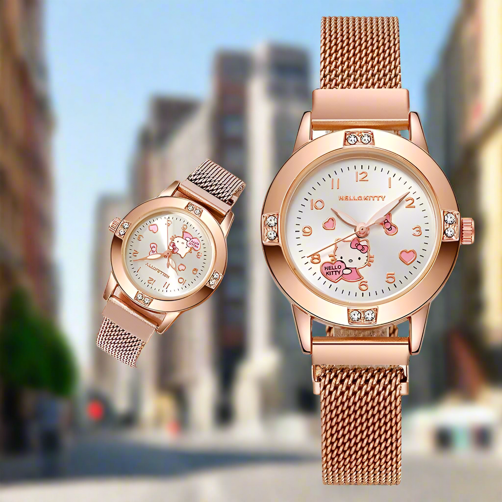 Diamond Ladies Watches Cat Bow Kawaii Pink Ladies Gold Sliver Metal Jewelry Cartoon Magnetic Watch Girls