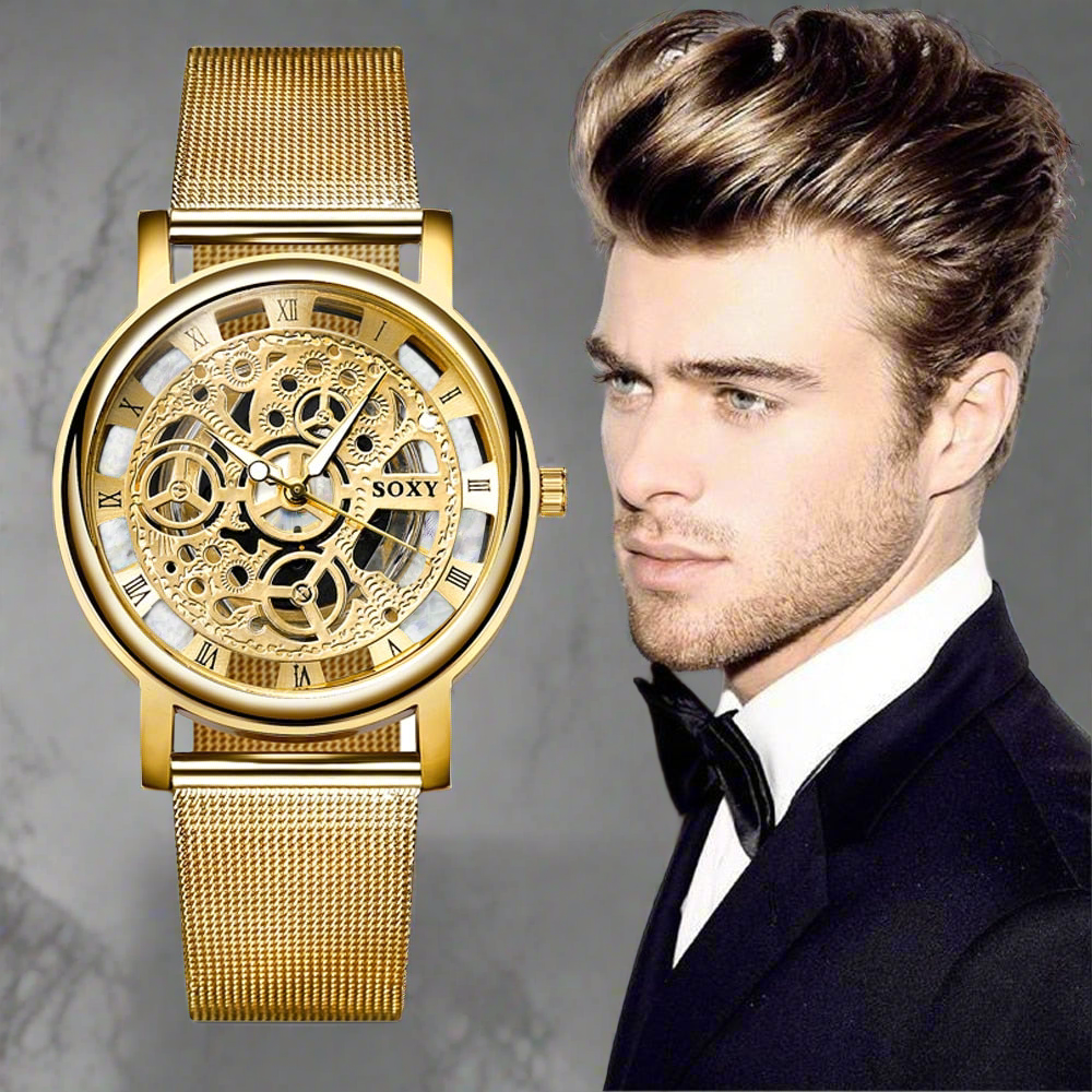 Luxury Skeleton Men Watch Women Wrist Watches Fashion Montre Homme Gold Wrist Watch Men Steel Mesh Men's Watch