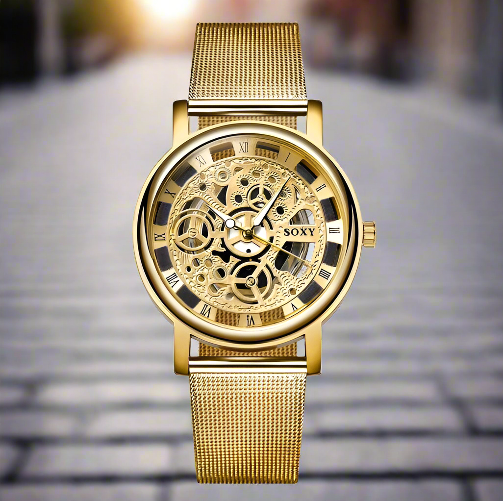 Luxury Skeleton Men Watch Women Wrist Watches Fashion Montre Homme Gold Wrist Watch Men Steel Mesh Men's Watch