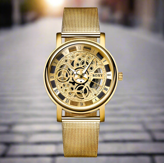 Luxury Skeleton Men Watch Women Wrist Watches Fashion Montre Homme Gold Wrist Watch Men Steel Mesh Men's Watch