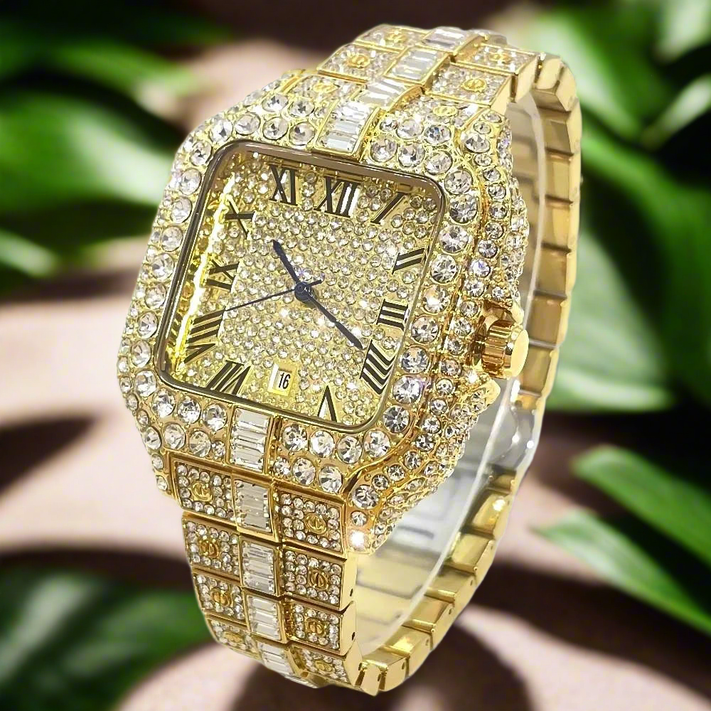 Iced Diamond Square 
Watch For Men Fashion Hip Hop Gold LuxuryQuartz Waterproof Stainless steel Clocks Male