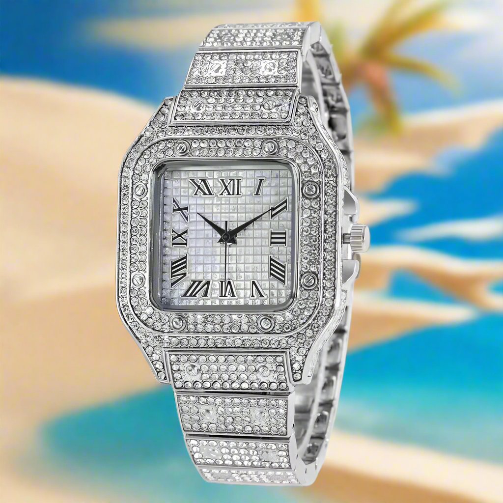 Watch For Men Luxury Gold Square Diamond Full Sky Star Male's Clock Watches Steel Band Quartz Wristwatch