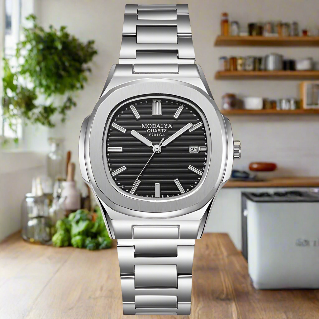 Casual Men Watches Big Dial Silver Stainless Steel Calendar Quartz Wristwatch Classic Top Brand Male Clock