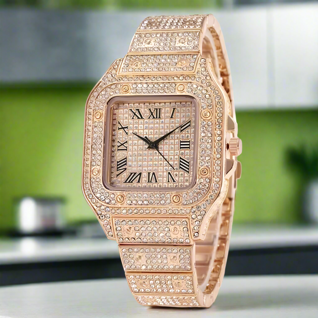 Watch For Men Luxury Gold Square Diamond Full Sky Star Male's Clock Watches Steel Band Quartz Wristwatch