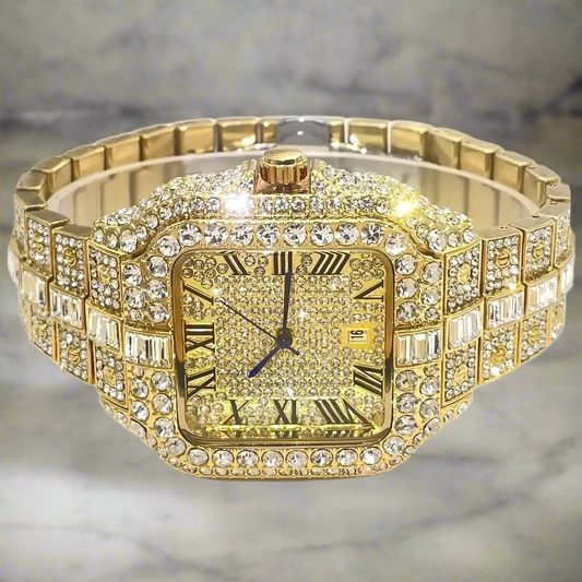 Iced Diamond Square 
Watch For Men Fashion Hip Hop Gold LuxuryQuartz Waterproof Stainless steel Clocks Male