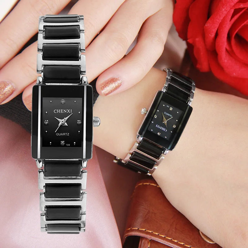 Brand Ladies Watch Elegant Black Ceramics Simple Minimalism Small Narrow Quartz Casual Women Clock Rhinestone Wristwatch