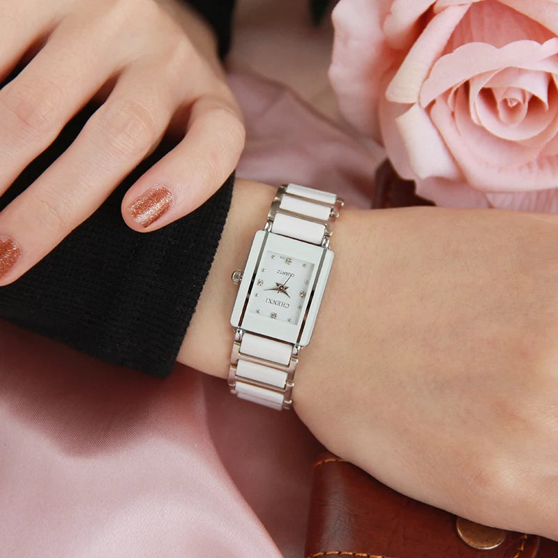Brand Ladies Watch Elegant Black Ceramics Simple Minimalism Small Narrow Quartz Casual Women Clock Rhinestone Wristwatch