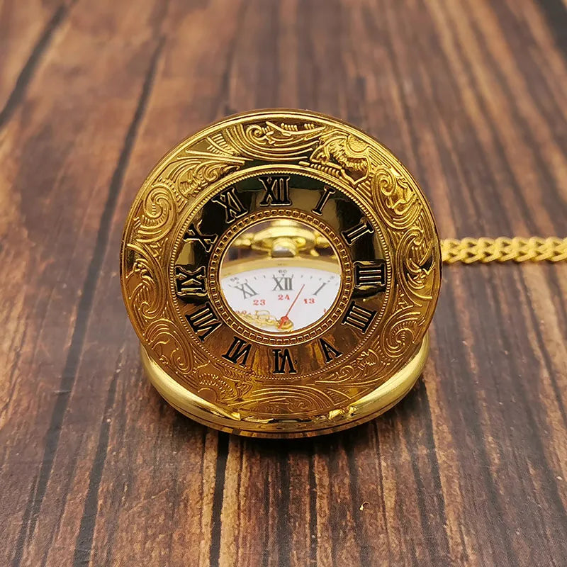 Luxury Gold Roman Numerals Quartz Pocket Watch Chain Men Women Hollow Case Vintage Pendant Necklace Best Gifts for Men Women