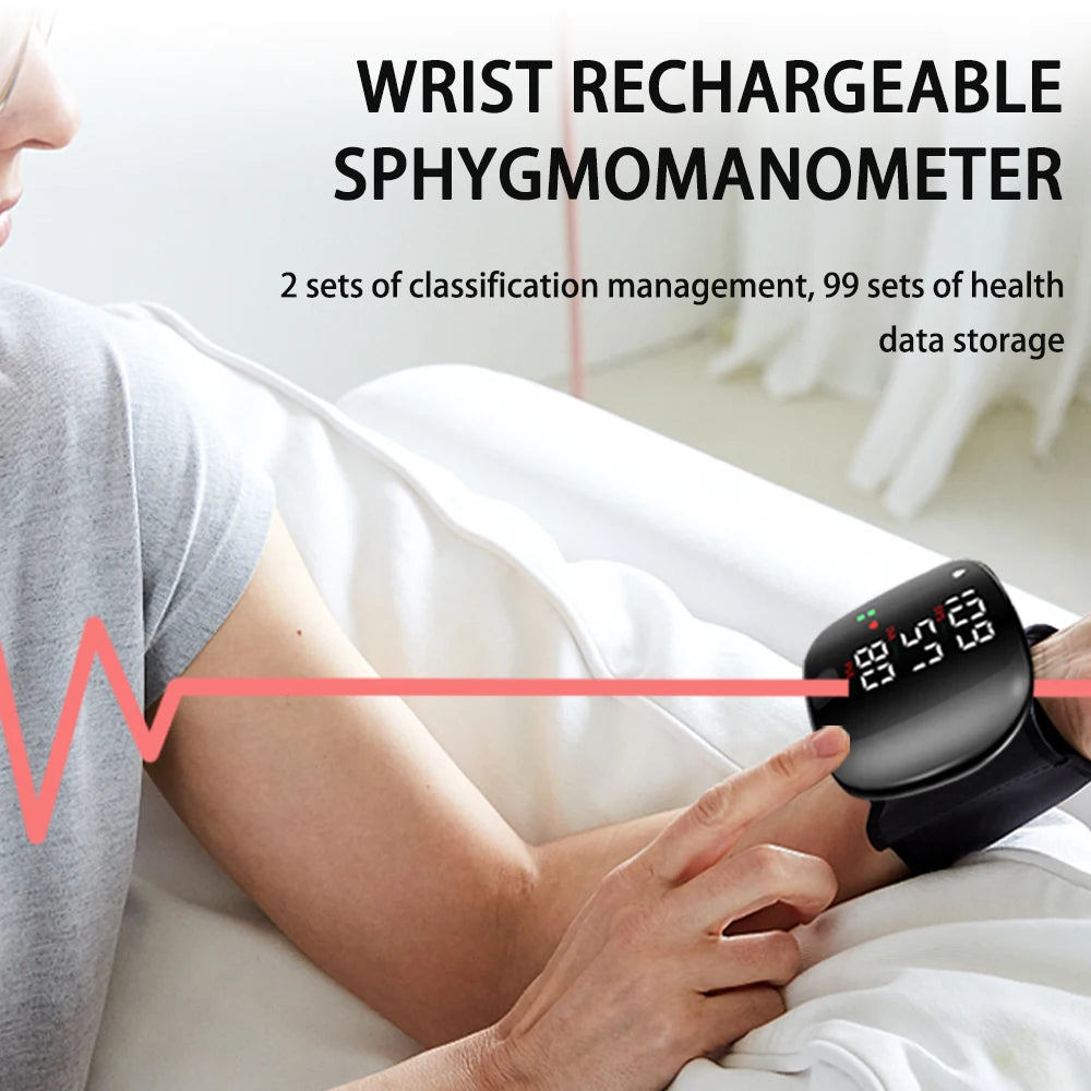 Digital Wrist Blood Pressure Meter Automatic Voice Tonometer Heart Rate Monitor Smart Touch LCD Screen Charge Sphygmomanometer