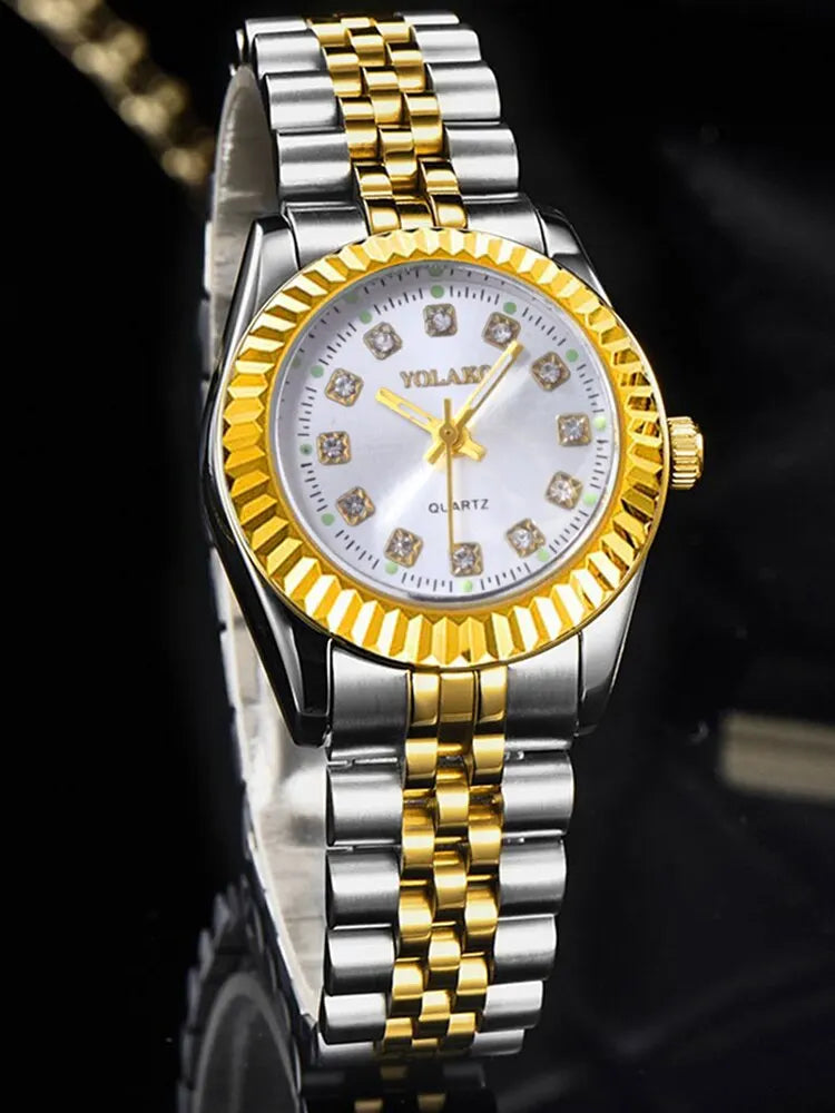 Women's Fashion Round Room Gold Steel Band Quartz Wristwatch