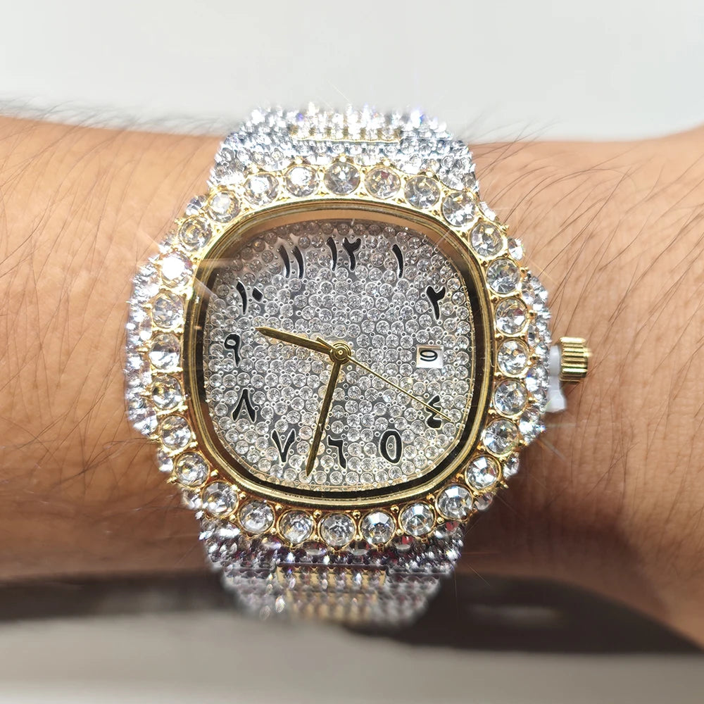 Luxury Brand Men Quartz Watch Fashion Square Hip Hop Diamond Out Sparkling Jewelry Waterproof Stainless Steel Wristwatch Man New