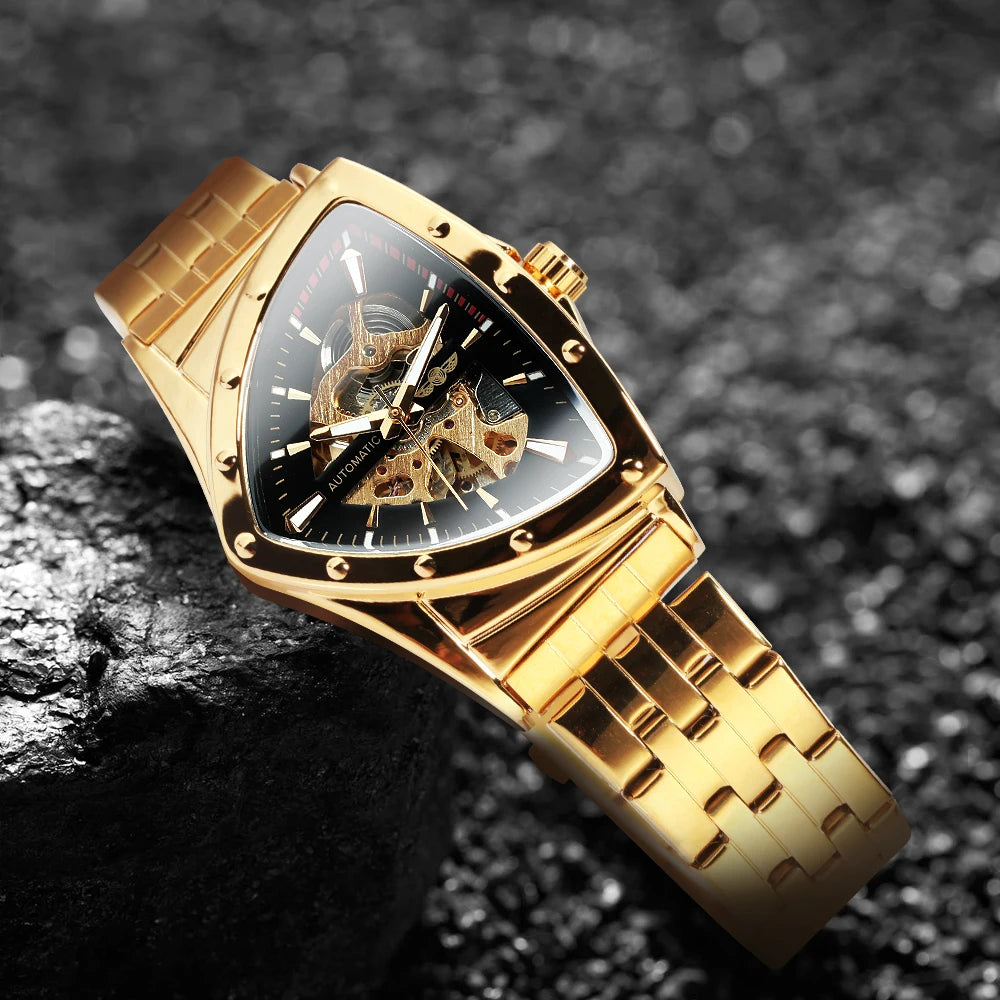 Military Triangle Skeleton Automatic Watch for Men Gold Sports Mechanical Watches Luxury Stainless Steel Strap Luminous