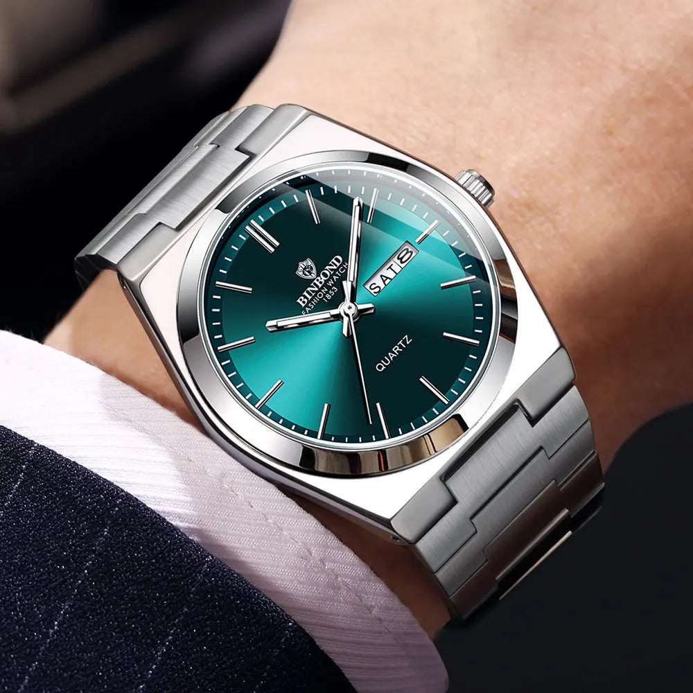 Men Watch Light Luxury Brand Stainless Steel Double Calendar Waterproof Male Business Leisure Fashion Quartz Clock Watches