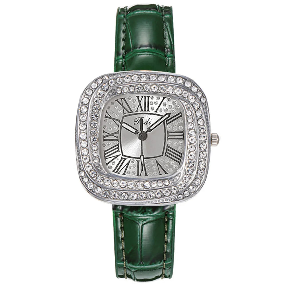 Fashion 2025 New Simple Square Ladies Full Star Diamonds Quartz Watch Casual Green Leather Dress Women's Clock Wristwatch