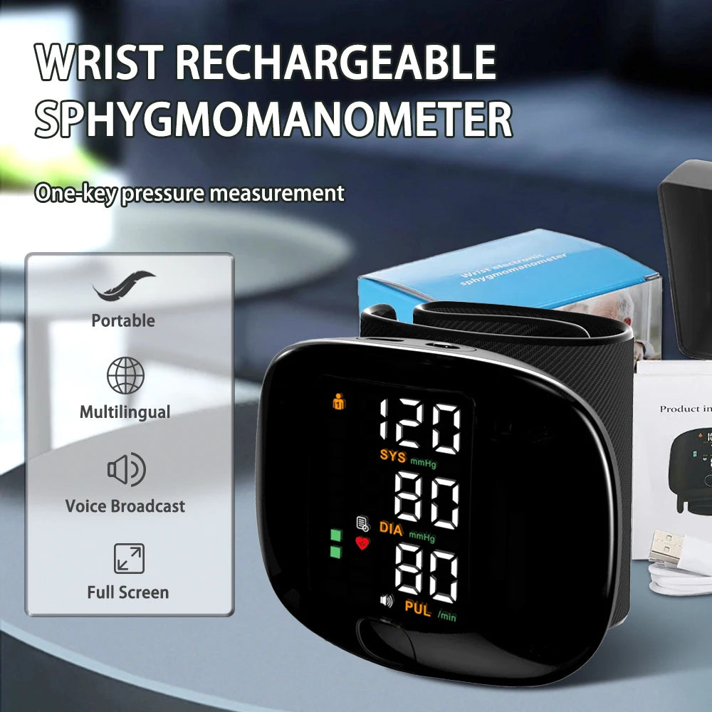 Digital Wrist Blood Pressure Meter Automatic Voice Tonometer Heart Rate Monitor Smart Touch LCD Screen Charge Sphygmomanometer