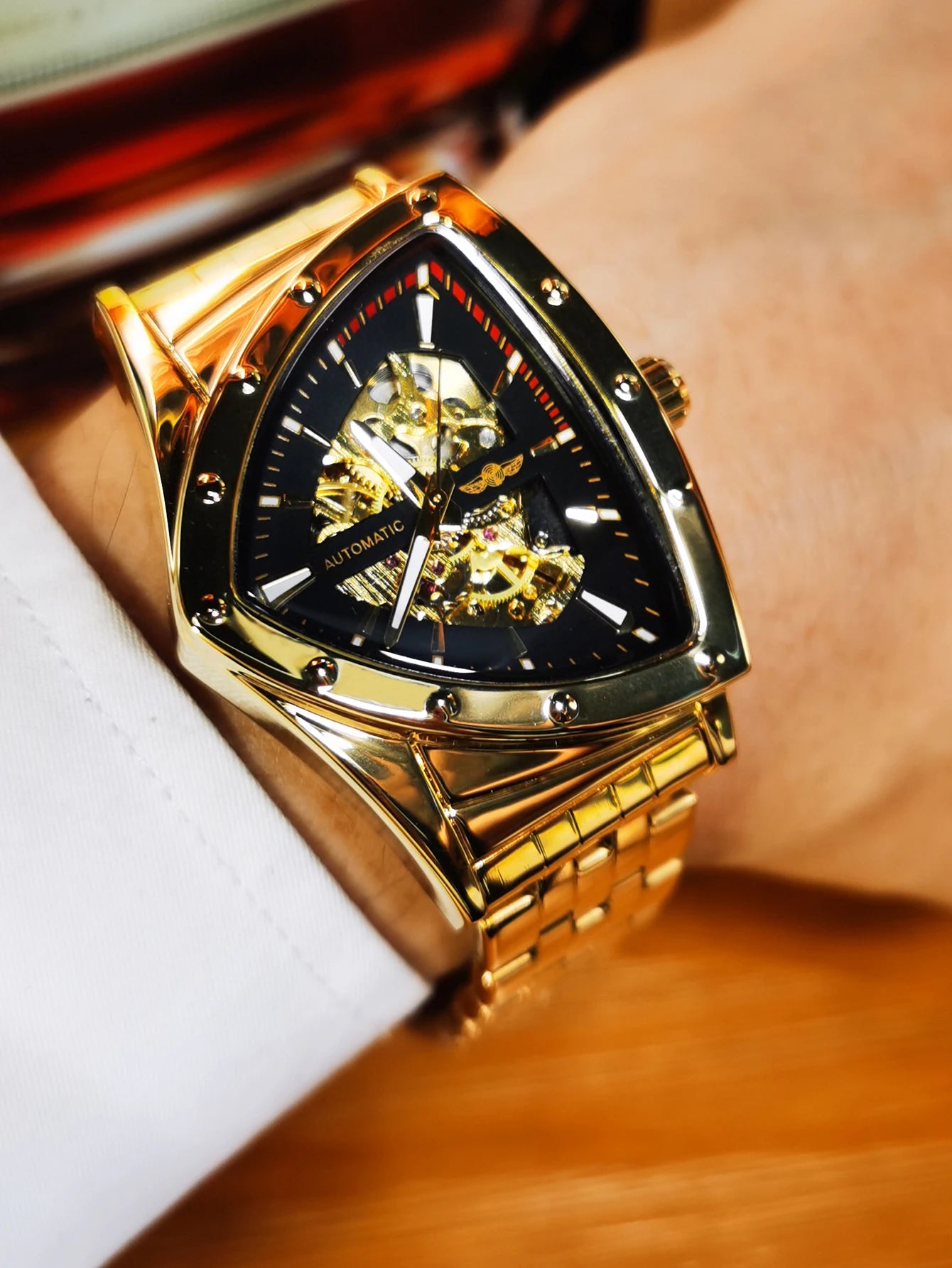 Military Triangle Skeleton Automatic Watch for Men Gold Sports Mechanical Watches Luxury Stainless Steel Strap Luminous