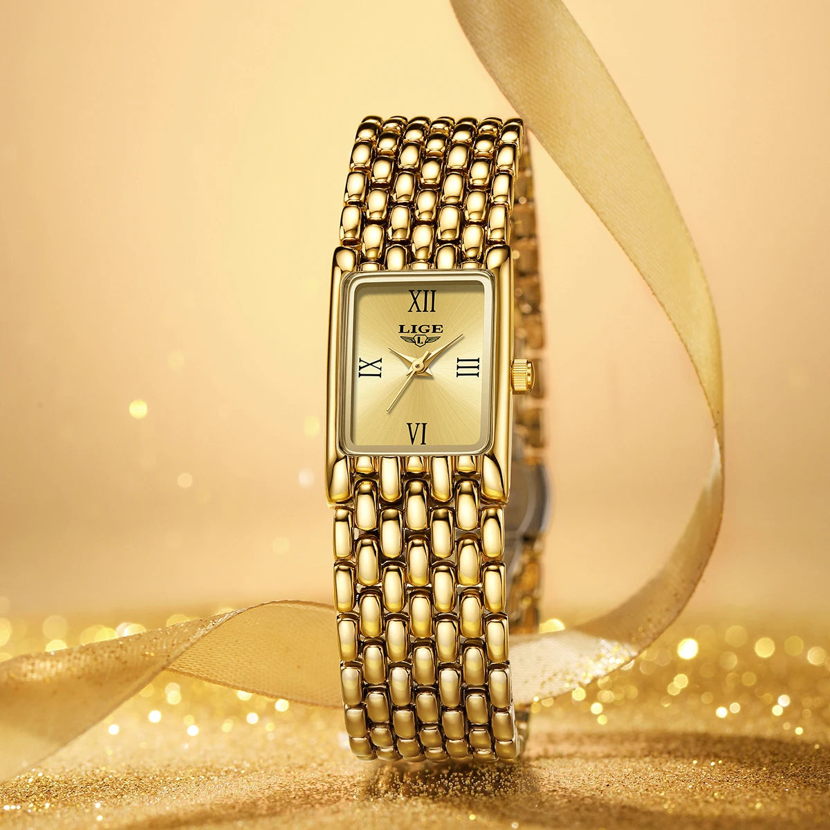 LIGE Gold Watch for Women Square Ladies Quartz Wristwatches Stainless Steel Women Small Gold Watch Luxury Casual Fashion Watch