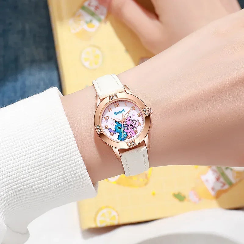 Disney Children's Watches Cute Cartoon Stitch Imitation Diamond Belt Student Quartz Watch Simple and Exquisite Gift
