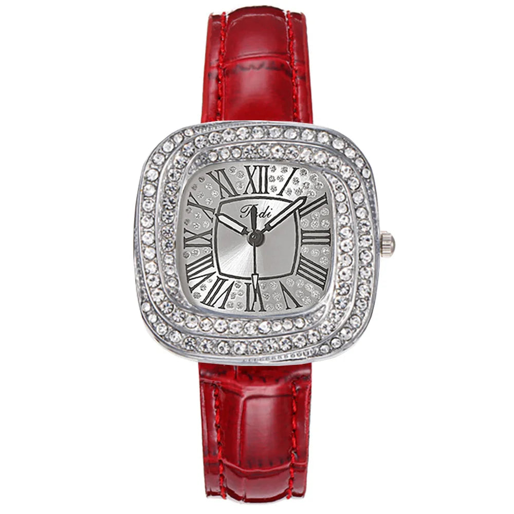 Fashion 2025 New Simple Square Ladies Full Star Diamonds Quartz Watch Casual Green Leather Dress Women's Clock Wristwatch