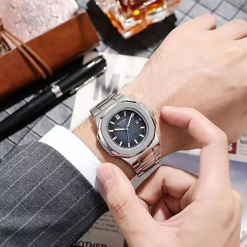 Casual Men Watches Big Dial Silver Stainless Steel Calendar Quartz Wristwatch Classic Top Brand Male Clock