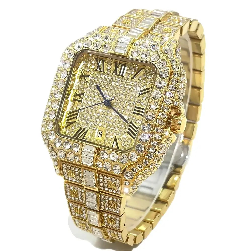 Iced Diamond Square 
Watch For Men Fashion Hip Hop Gold LuxuryQuartz Waterproof Stainless steel Clocks Male