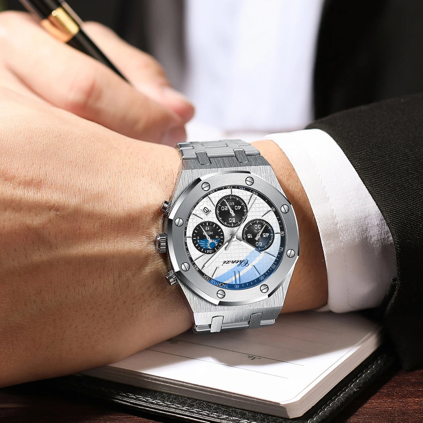 Luxury Business Man Watch High Quality Chronograph Moon Phase Quartz Watches Original Waterproof Clock Male