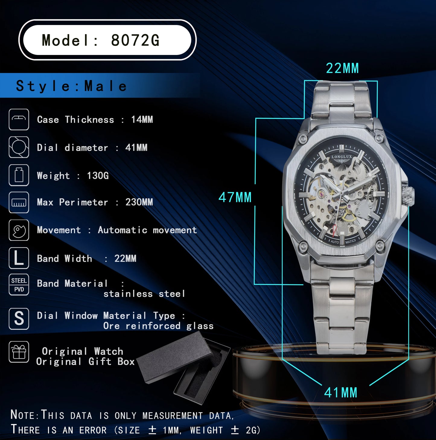 LONGLUX Men automatic mechanical watch luxury watches waterproof skeleton sport style fashion wholesale stainless steel gift