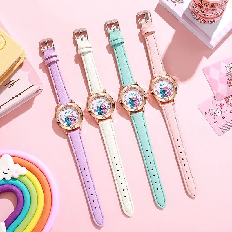 Disney Children's Watches Cute Cartoon Stitch Imitation Diamond Belt Student Quartz Watch Simple and Exquisite Gift