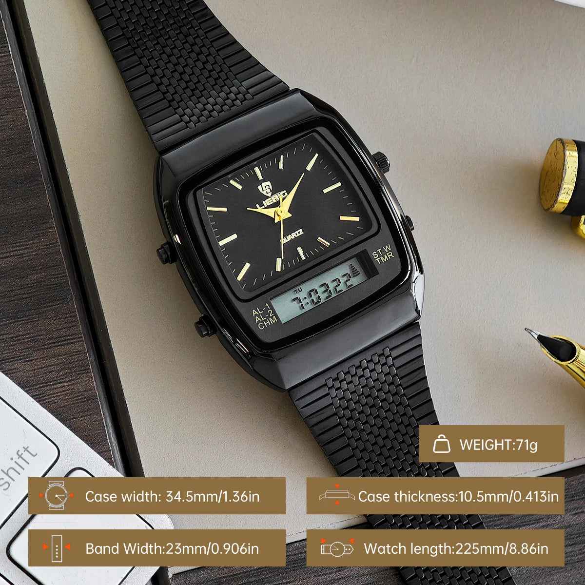 LIEBIG Luxury Dual Display Time Quartz Watches For Men Women Fashion Outdoor Sports Week Waterproof Digital Wristwatches Relojes