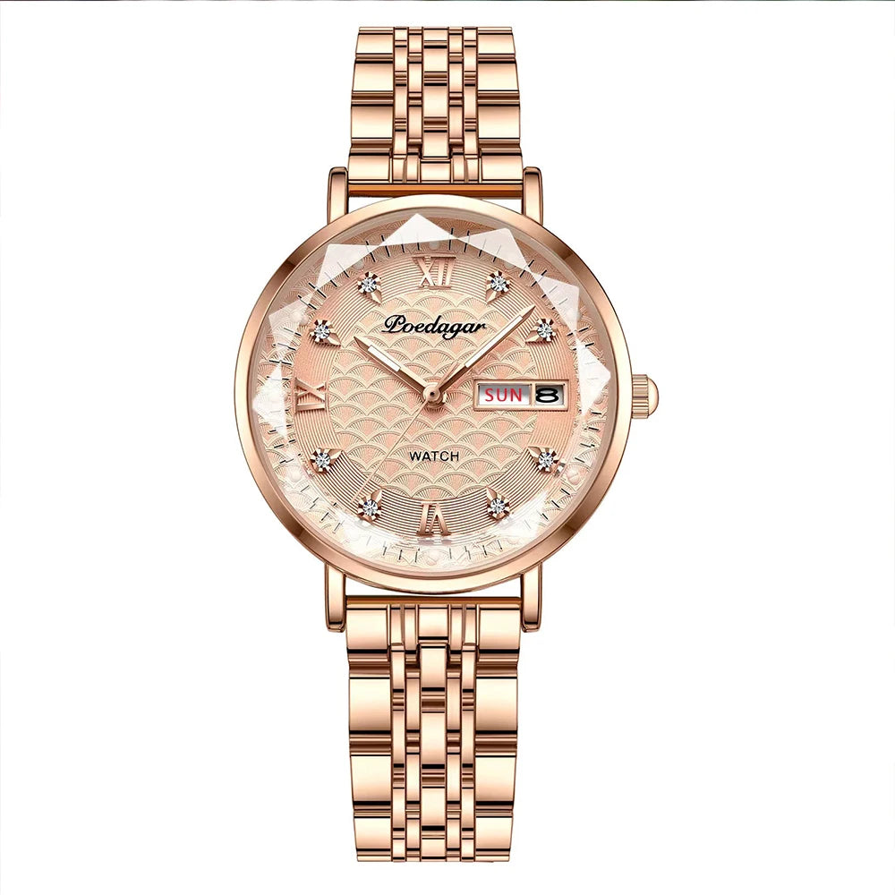 POEDAGAR Original Luxury Women Watch Week Date Waterproof Luminous Stainless Steel Woman Watches Simple Trendy Ladies Wristwatch