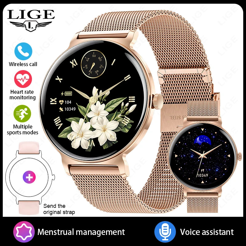 Fashion 1.27inch AMOLED Women's Smart Watch Always Display Time Smartwatch Ladies Heart Rate Monitor BT Call Waterproof Bracelet