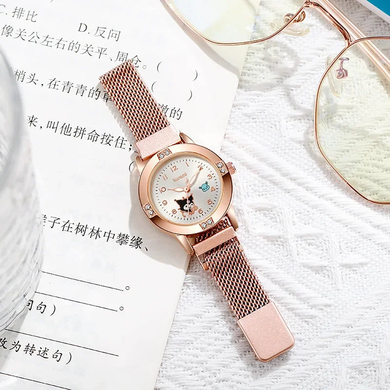 Diamond Ladies Watches Cat Bow Kawaii Pink Ladies Gold Sliver Metal Jewelry Cartoon Magnetic Watch Girls