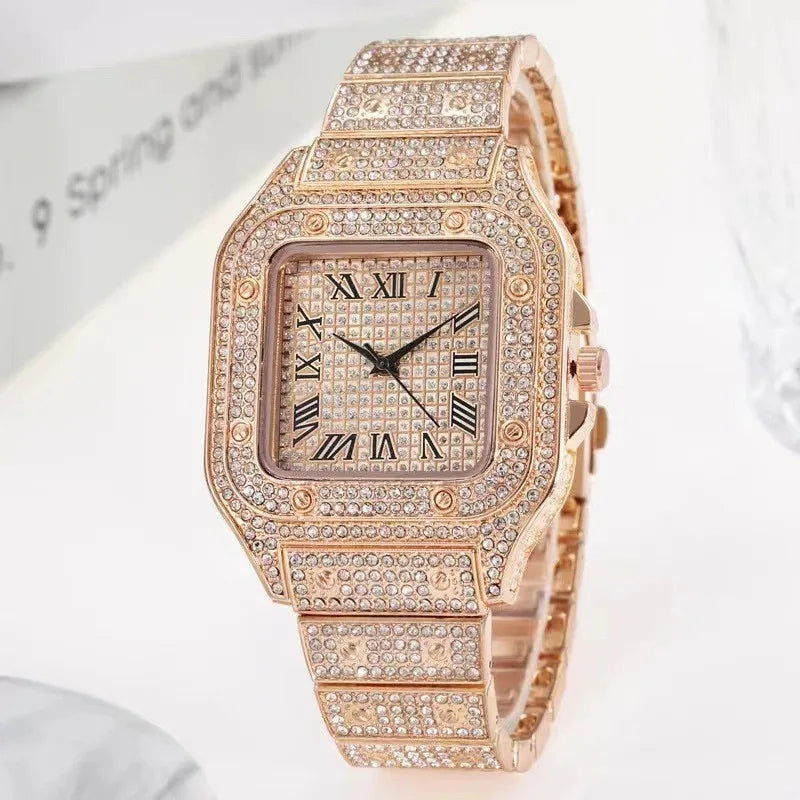 Watch For Men Luxury Gold Square Diamond Full Sky Star Male's Clock Watches Steel Band Quartz Wristwatch
