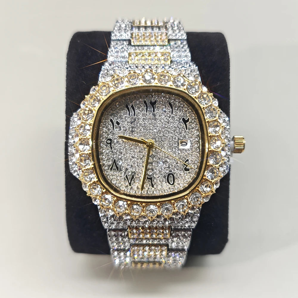 Luxury Brand Men Quartz Watch Fashion Square Hip Hop Diamond Out Sparkling Jewelry Waterproof Stainless Steel Wristwatch Man New