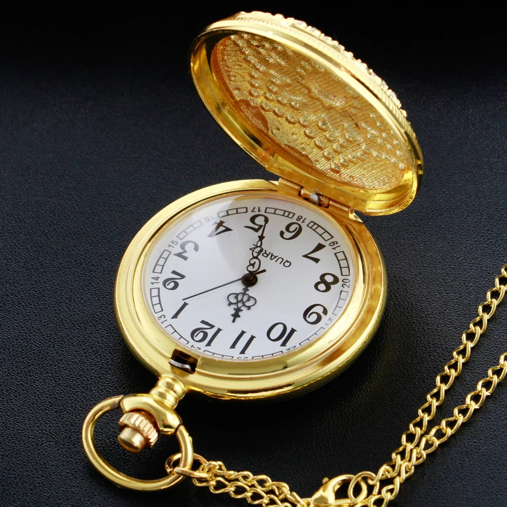 Gold Diamond Luxury Emerald Gem Pocket Watch Necklace Digital Pendant Chain Clock Fashion Sculpture Women's Men's Gift