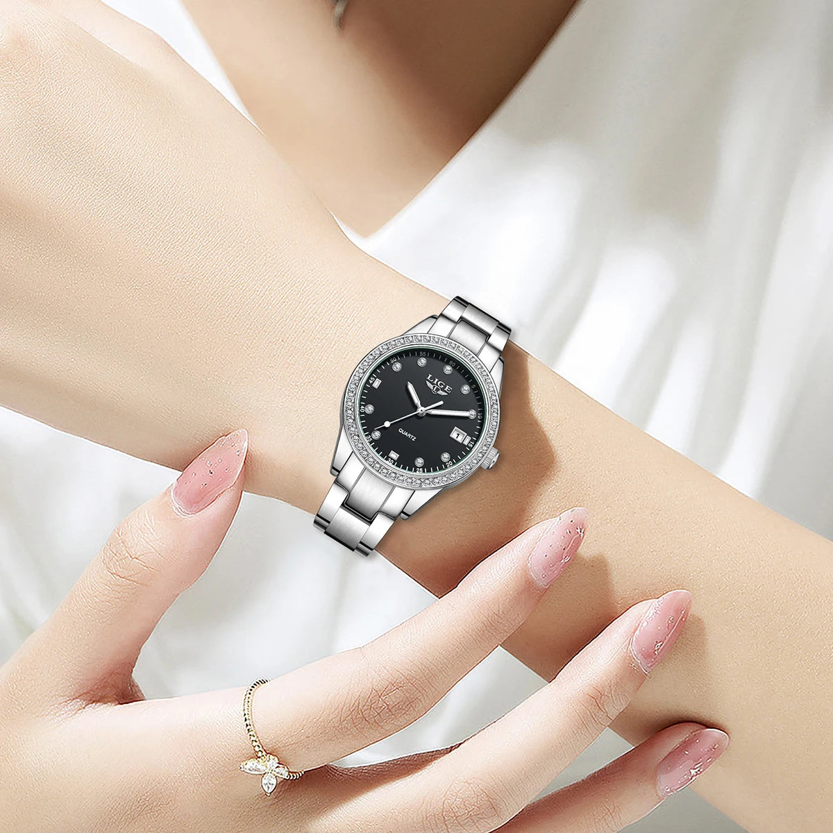 LIGE Simple Fashion Quartz Woman Watch Luxury Elegant Diamond Classic Waterproof Stainless Steel Auto Date Ladies Gift Clock+Box