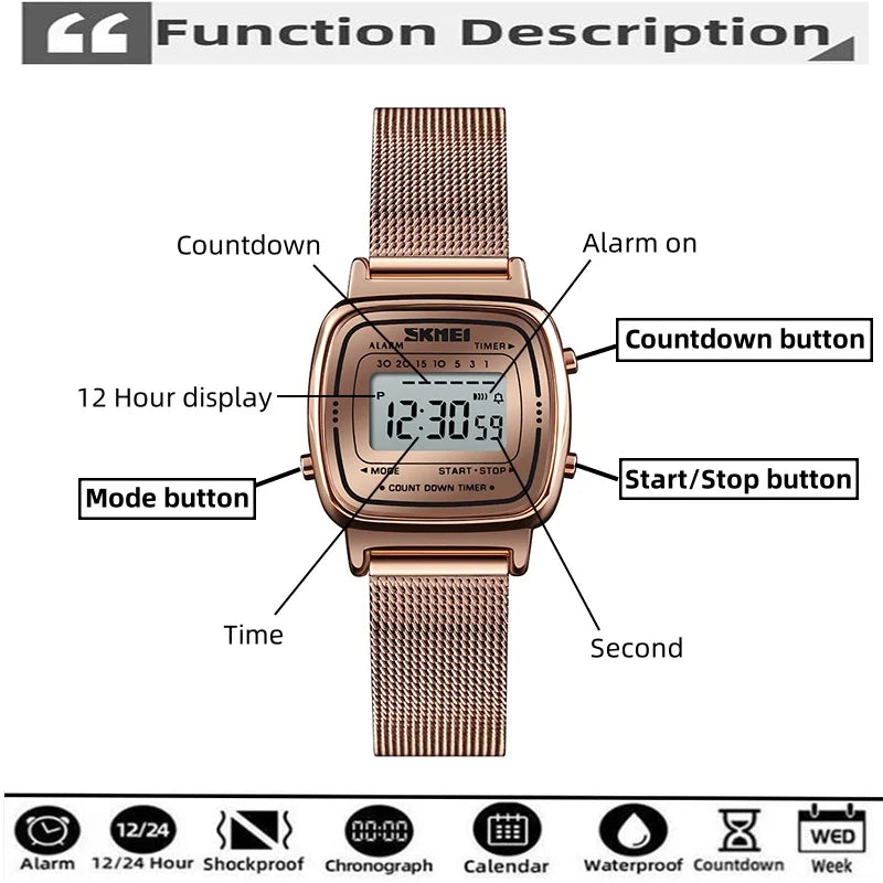 Women Bracelet Dress Watches Luxury Brand Stainless Steel Strap Fashion Waterproof Digital Chronograph Wristwatch
